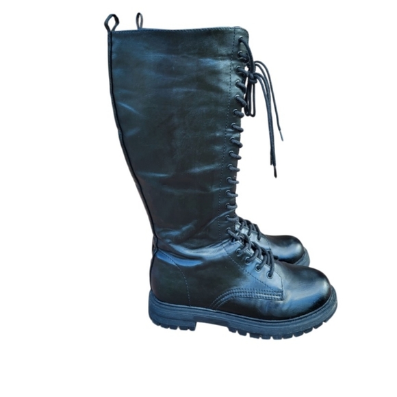 SO Knee High Tall Lace Black Combat Moto Chunk Bike Goth  Lug Boot Shoe Women 9 - Picture 1 of 12